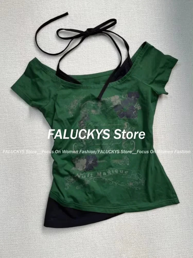 Y2K Retro Street Print T-shirt Fashion Streetwear Halter Neck Fake Two Piece Harajuku 2024 Summer Casual T-Shirt Women Clothes