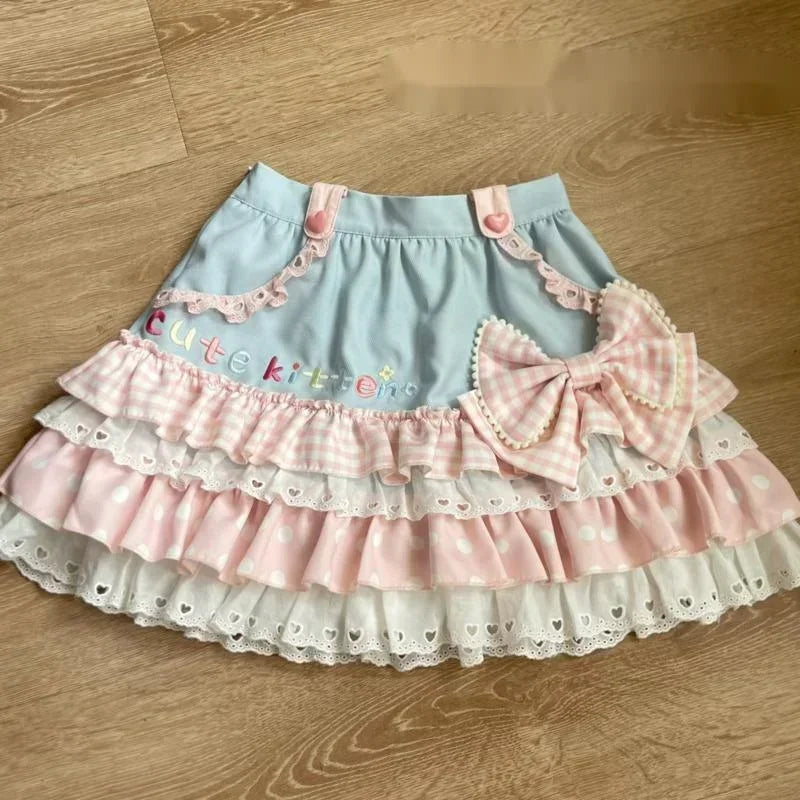Y2K JK Lolita Japan Kawaii Girl Cute Sweet Lace T-shirt Lolita Print Tops Bow Cake Blouse A-line Spliced Cake Skirt New Chic