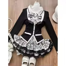 Y2K Korean Vintage Preppy Style Two Piece Sets Women Sweet Bow Knit Tops Ruffles Plaid A Line Mini Skirt Fashion Lolita Outfits