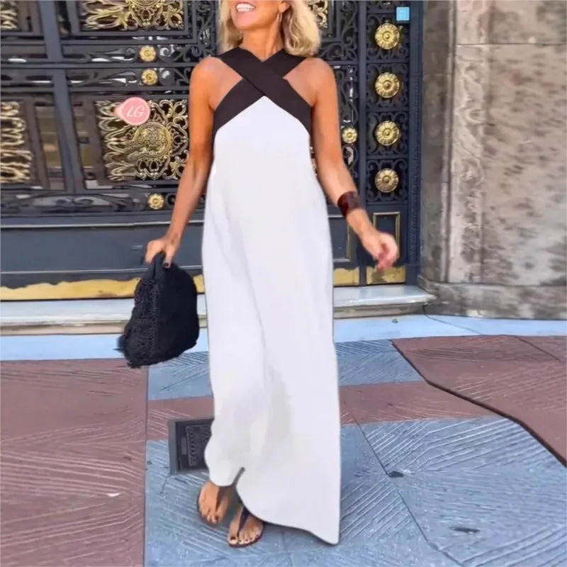 2025 New Summer Cross Halter Long Dress For Women Casual Loose Off Shoulder Beach Dress Fashion Multi-color Holiday Slim Dresses