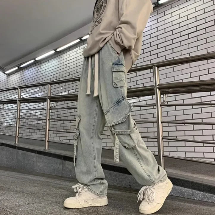 American Style Streetwear Men's Jeans Multi-Pocket Loose Straight-Leg Wide-Leg Spring Autumn New Arrival Long Pants