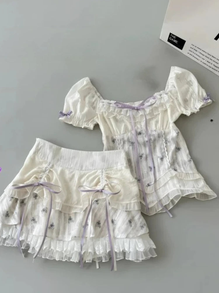 2025 Summer Sweet Lace Patchwork Cute Suit Women Lovely Bow Tops + Mini Cake Skirts New Japanese Fashion Kawaii Slim 2 Piece Set