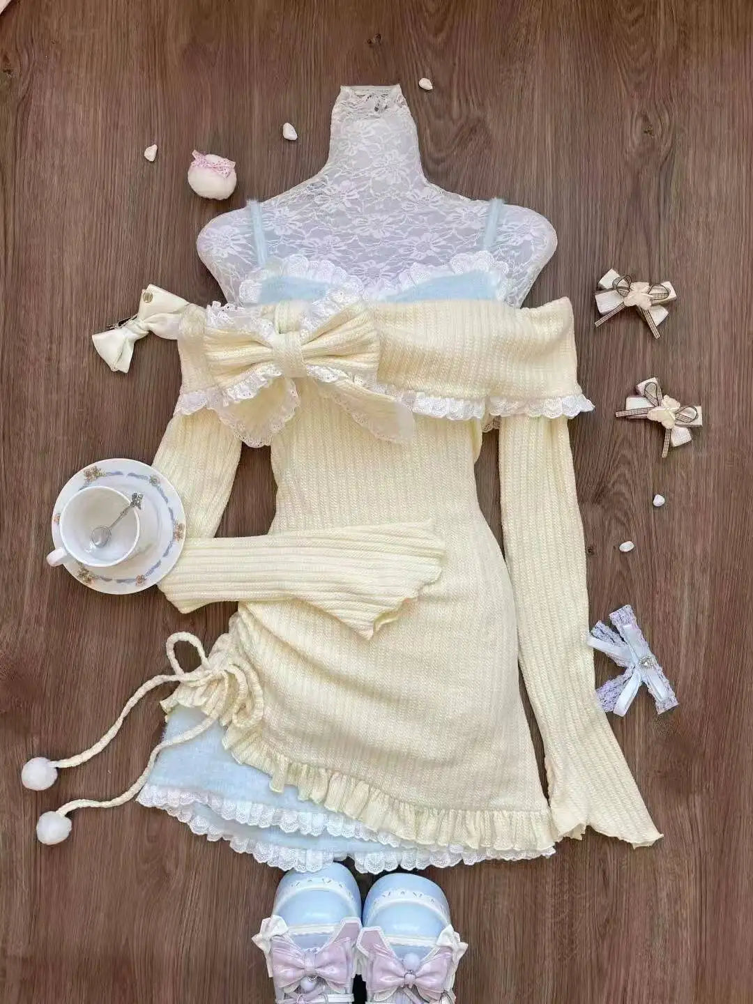 Y2k High Waist Lolita Short Skirt Suit France Vintage Slim Slash Neck Print 2 Piece Set Women Sweet Cute Off Shoulder Top Female
