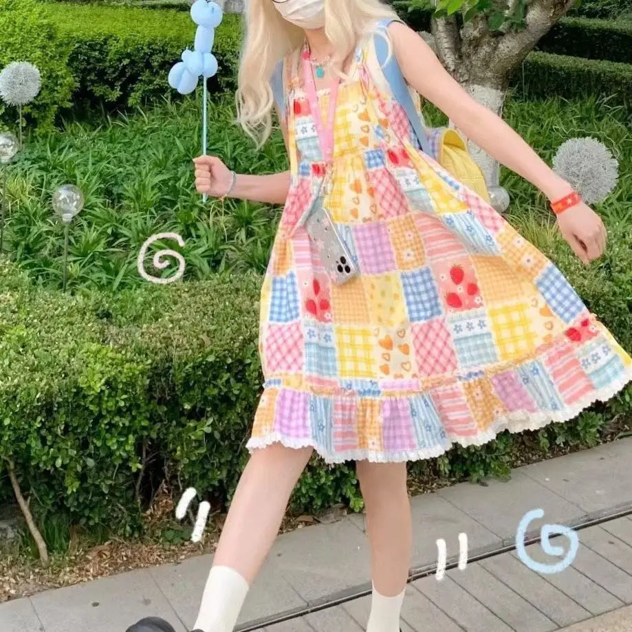 2025 Vestidos De Mujer Cute Woman Dress Bandage Patchwork Lace Contrast Color Plaid Robe Femme Loose Summer Dresses
