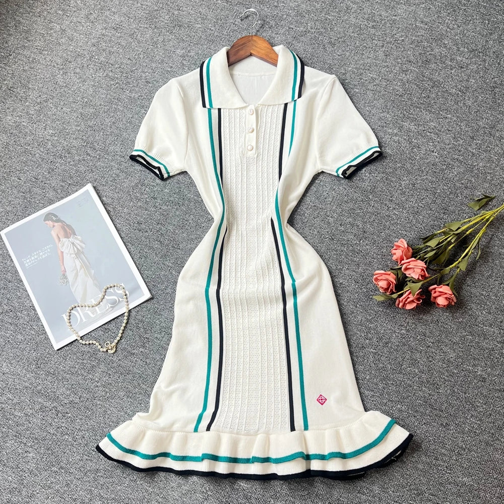 YuooMuoo Women Dress 2025 Summer Vintage Turn-down Collar Knitted Mini Dress Lady Slim Elastic Ruffled Bodycon Party Dress Robes