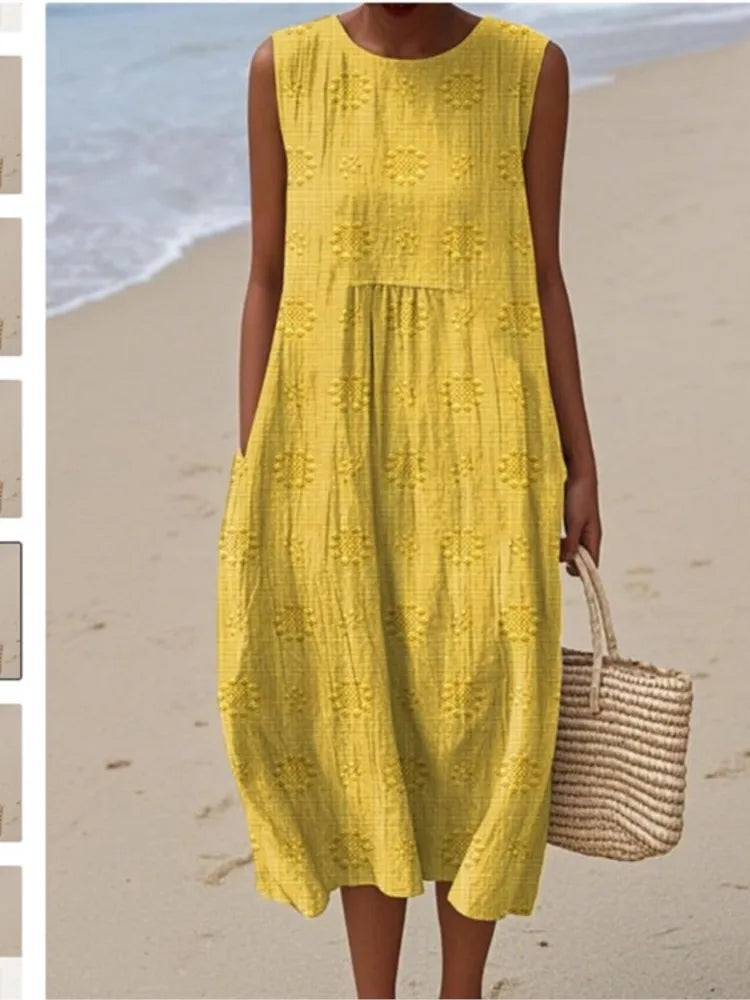 2026Spring Summer Fashion New Sleeveless Print Loose Midi Dresses For Women Casual O-neck Pocket A-line Dress Ladies Beach Dress