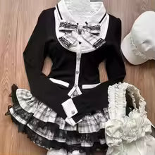 Y2K Korean Vintage Preppy Style Two Piece Sets Women Sweet Bow Knit Tops Ruffles Plaid A Line Mini Skirt Fashion Lolita Outfits