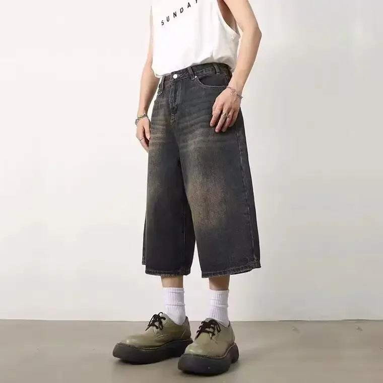 American Style Vintage Men's Jeans Loose Fit Wide Leg Straight Leg Denim Shorts Sensibility Design For Summer Wholesale