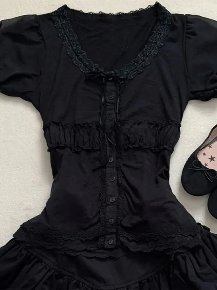 Y2k Gothic Vintage Black Lace 2 Piece Set Women Hepburn Chic Slim Lace Puff Sleeve Tops Female + High-waist Ruffle Short Skirt