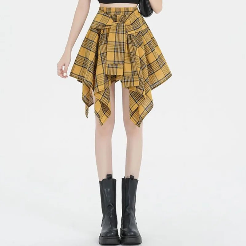 2025 Summer Women Casual Street Fashion Irregular Plaid Skirt Bow-knot Elastic Waist Mini Shirts Teenagers Girls Hip Hop Clothes