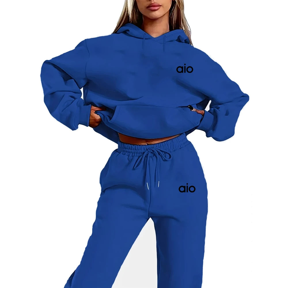 ai Printing High Quality Women Monochrome Hooded Hoodie Set Casual Two-Piece Set New Fashion Hot Selling