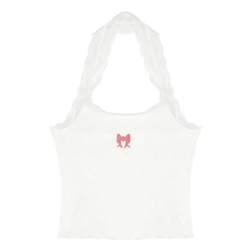 2025 Y2k Halter Top Crop Top Women's Lace Embroidery Butterfly Graphics Tank Top Ladies Sexy Vest Female Coquette Summer Clothes