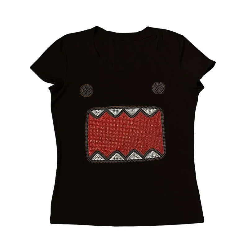 2025 summer new women Y2K Girl Retro Hot Fix Rhinestone Application Round Neck Top T-shirt Funny Vintage Tama Jun Top