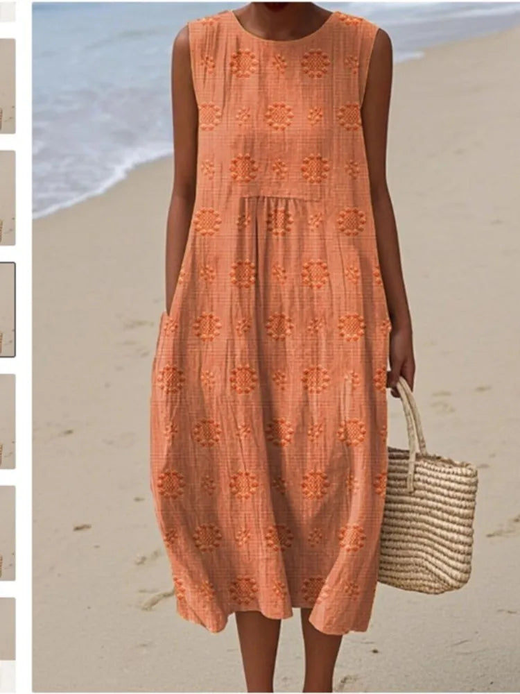 2026Spring Summer Fashion New Sleeveless Print Loose Midi Dresses For Women Casual O-neck Pocket A-line Dress Ladies Beach Dress