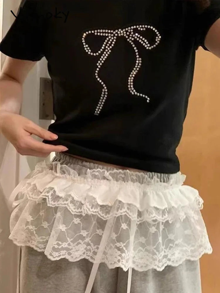 2025 Spring Summer Women Y2K Korean Lace Mini Layered Skirt Streetwear Lace Up Ruffles Harajuku High Waist Pleated Ladies Skirts