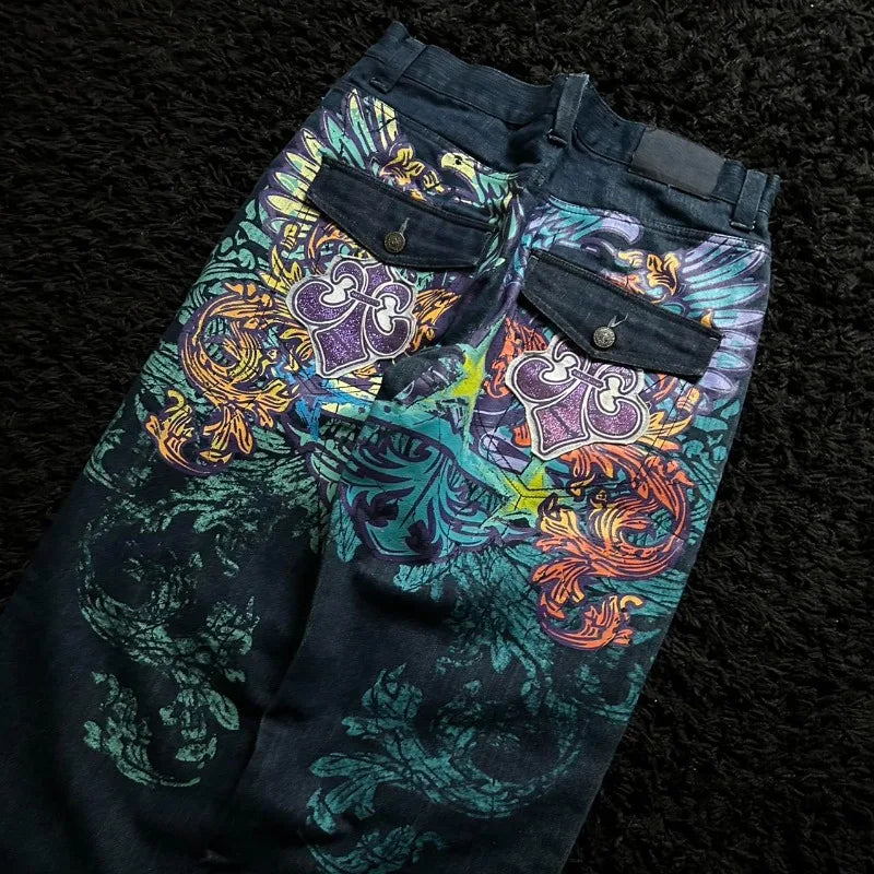 2025 New American Trend Vintage Hip-hop Embroidery Pattern Baggy Jeans Men And Women Y2K Harajuku Gothic Wide Pants Streetwear
