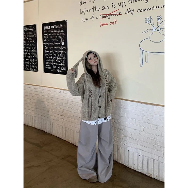 Y2K Hooded Knitted Cardigan Women Harajuku Cute Core Sweater Outerwears Streetwear Long Sleeve Knitwears Winter Korean Jumpers