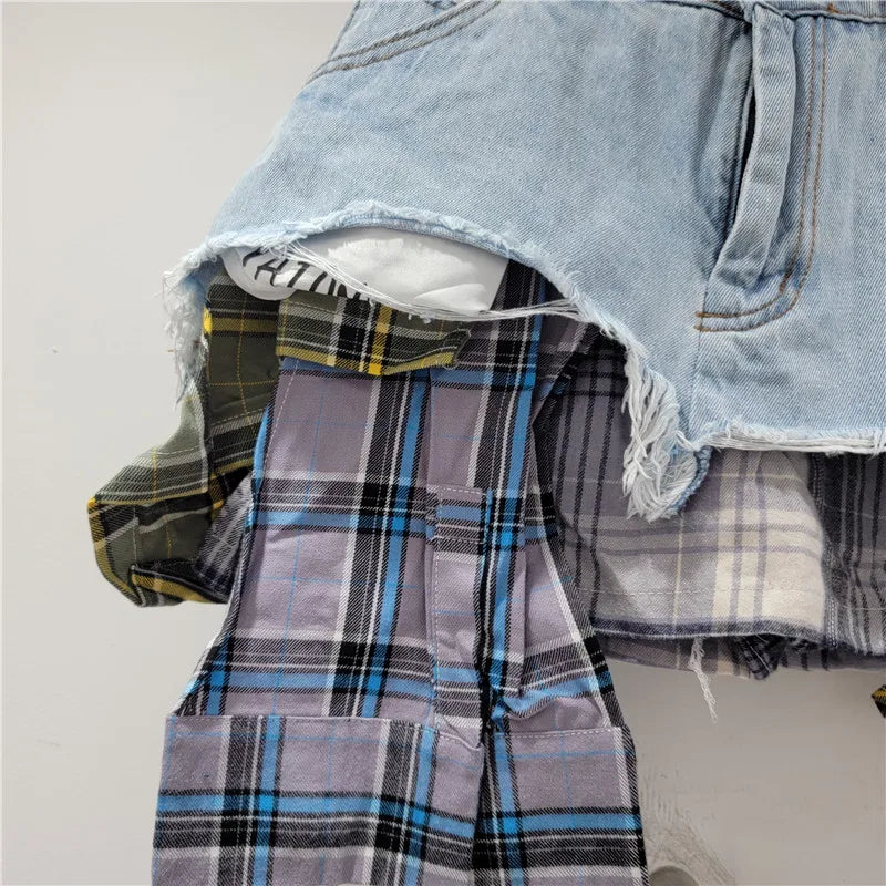 YEAE plaid patchwork irregular denim shorts women's fashion high-waisted A-word denim shorts skirt 2024 summer