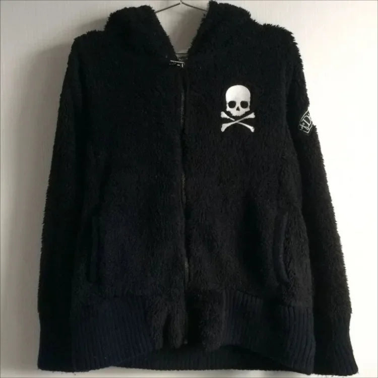 Y2k Lamb Wool Jackets Women Gothic Hoodies Cross Skull Grunge Zipper Sweatshirts Vintage Casual Hooded Coats Harajuku Streetwear