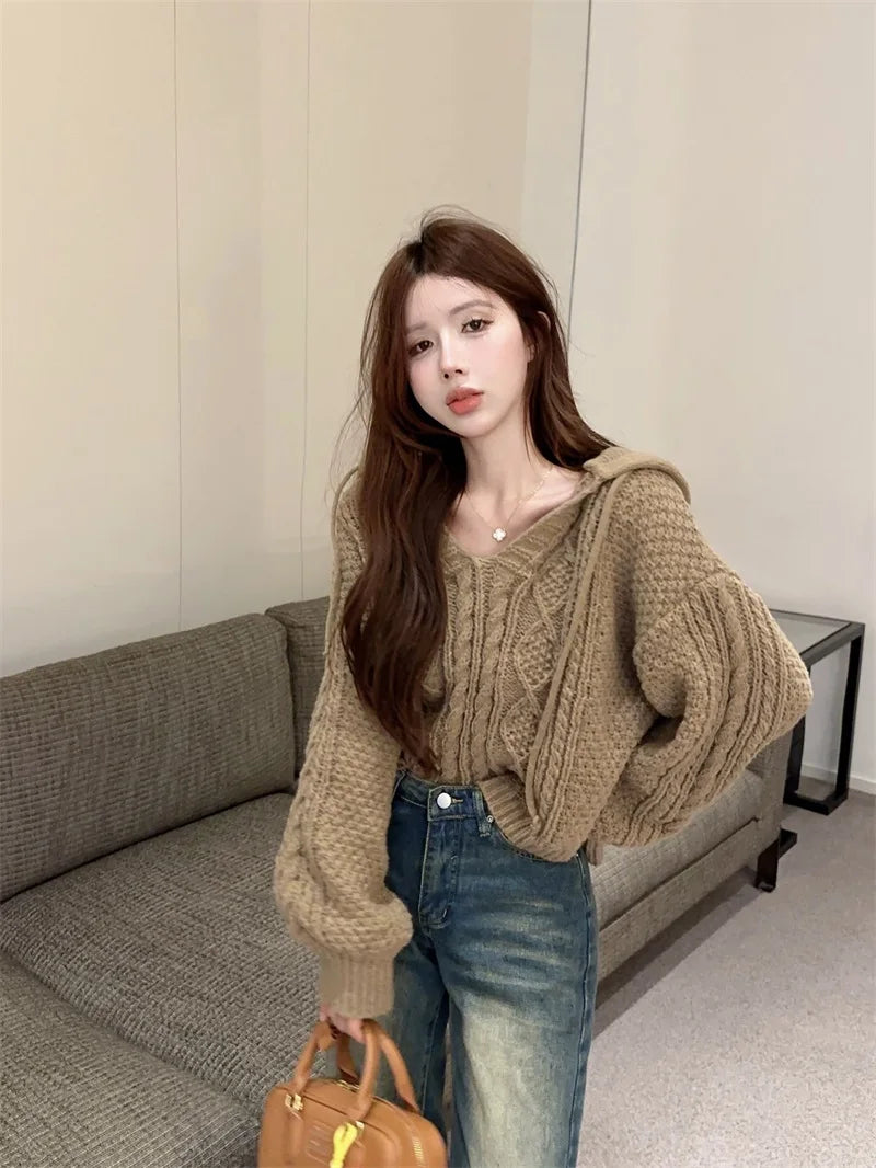 2025 Autumn New Women Solid Color Pullover Sweater Hollow Out Knitted Long Sleeve Cropped Sweater Korean Style Casual Fashion
