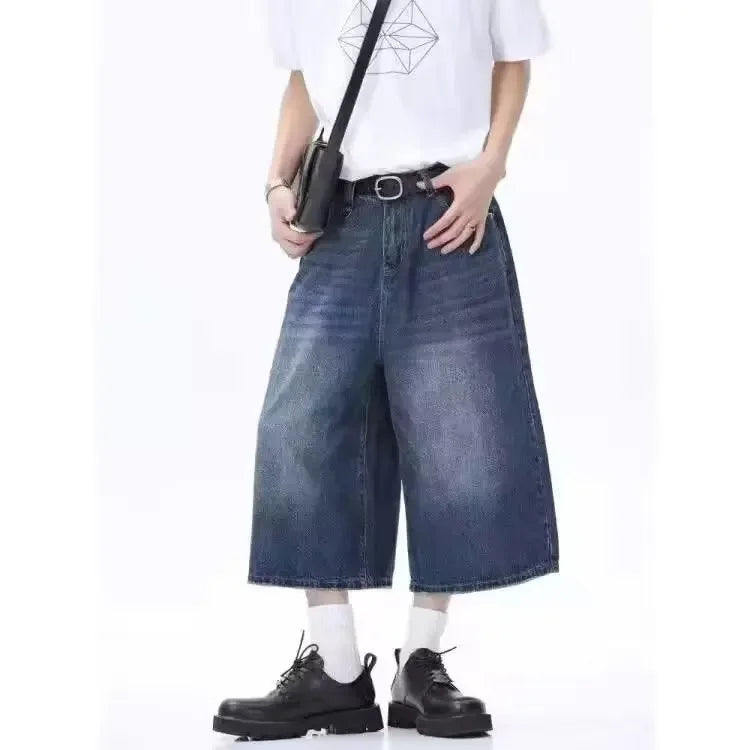 American Style Vintage Men's Jeans Loose Fit Wide Leg Straight Leg Denim Shorts Sensibility Design For Summer Wholesale