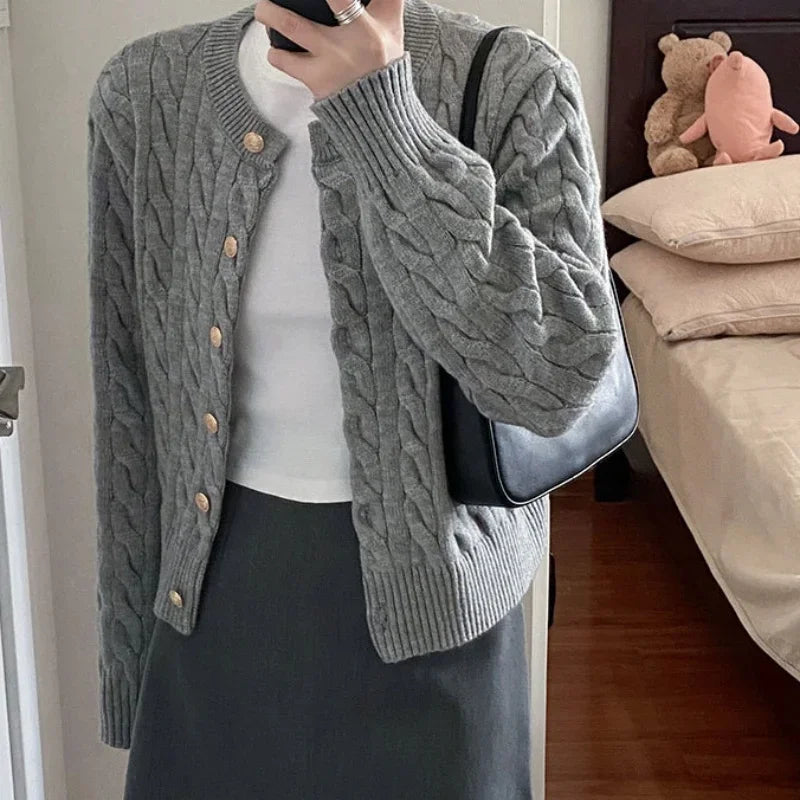 2025 O-neck Elegant Knitted Top Vintage Long Sleeve Cardigan Women Sweater Fashion Autumn Grey Knitwear