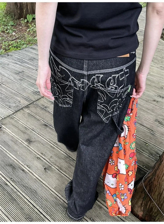 Y2k Embroidered Black Wide Leg Jeans Women American Retro Casual Loose Denim Pants Streetwear 2025 New High Waist Baggy Trousers