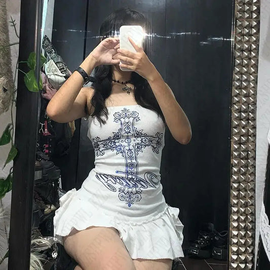 Y2k Women Chest Hugging Dress Gothic Hip Hop Punk Graphic Aesthetic Harajuku 2000s Vintage Streetwear High Street Retro EMO Girl