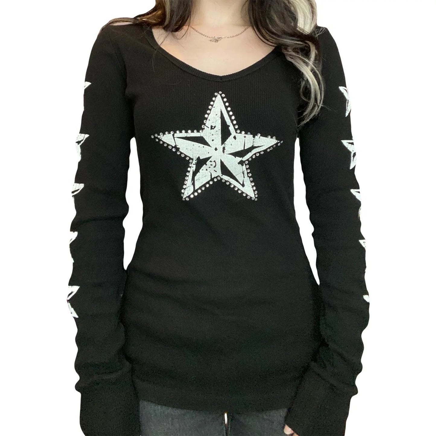 2000s Y2K Cyber Grunge Vintage T-shirt Graphic Print O Neck Long Sleeve Tee Women Slim Fit Crop Tops EGirl Skater Emo Streetwear