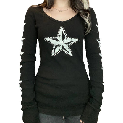 2000s Y2K Cyber Grunge Vintage T-shirt Graphic Print O Neck Long Sleeve Tee Women Slim Fit Crop Tops EGirl Skater Emo Streetwear
