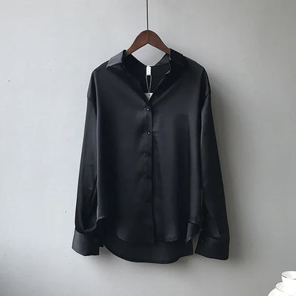 2025 Autumn Vintage Casual Button Silk Tops Elegant Satin Loose Women Shirt Spring Turn-down Collar Ladies Blouse