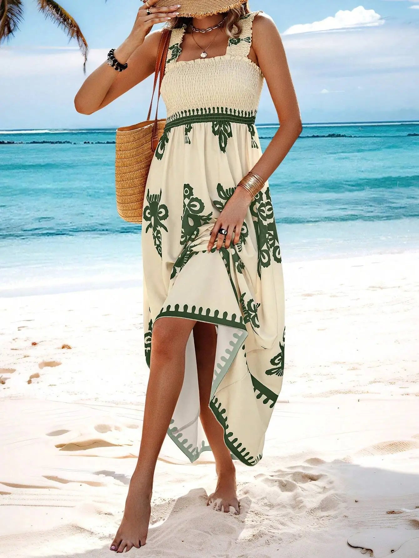 2024 Women's New Vacation Style Fashion Printed One Piece Neck Front Cross Sexy Sleeveless Strap Long Ankle Dress