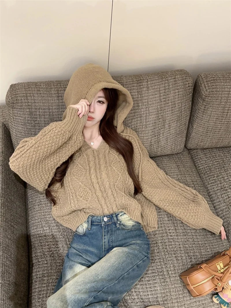2025 Autumn New Women Solid Color Pullover Sweater Hollow Out Knitted Long Sleeve Cropped Sweater Korean Style Casual Fashion