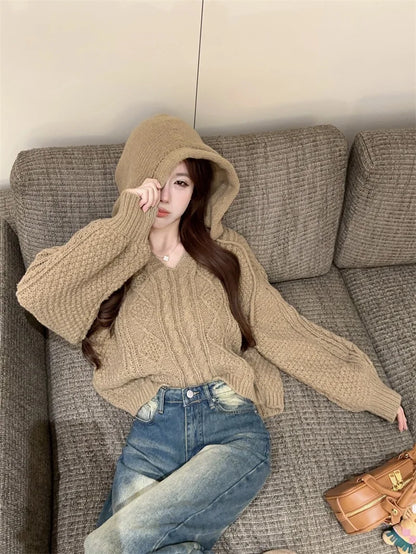 2025 Autumn New Women Solid Color Pullover Sweater Hollow Out Knitted Long Sleeve Cropped Sweater Korean Style Casual Fashion