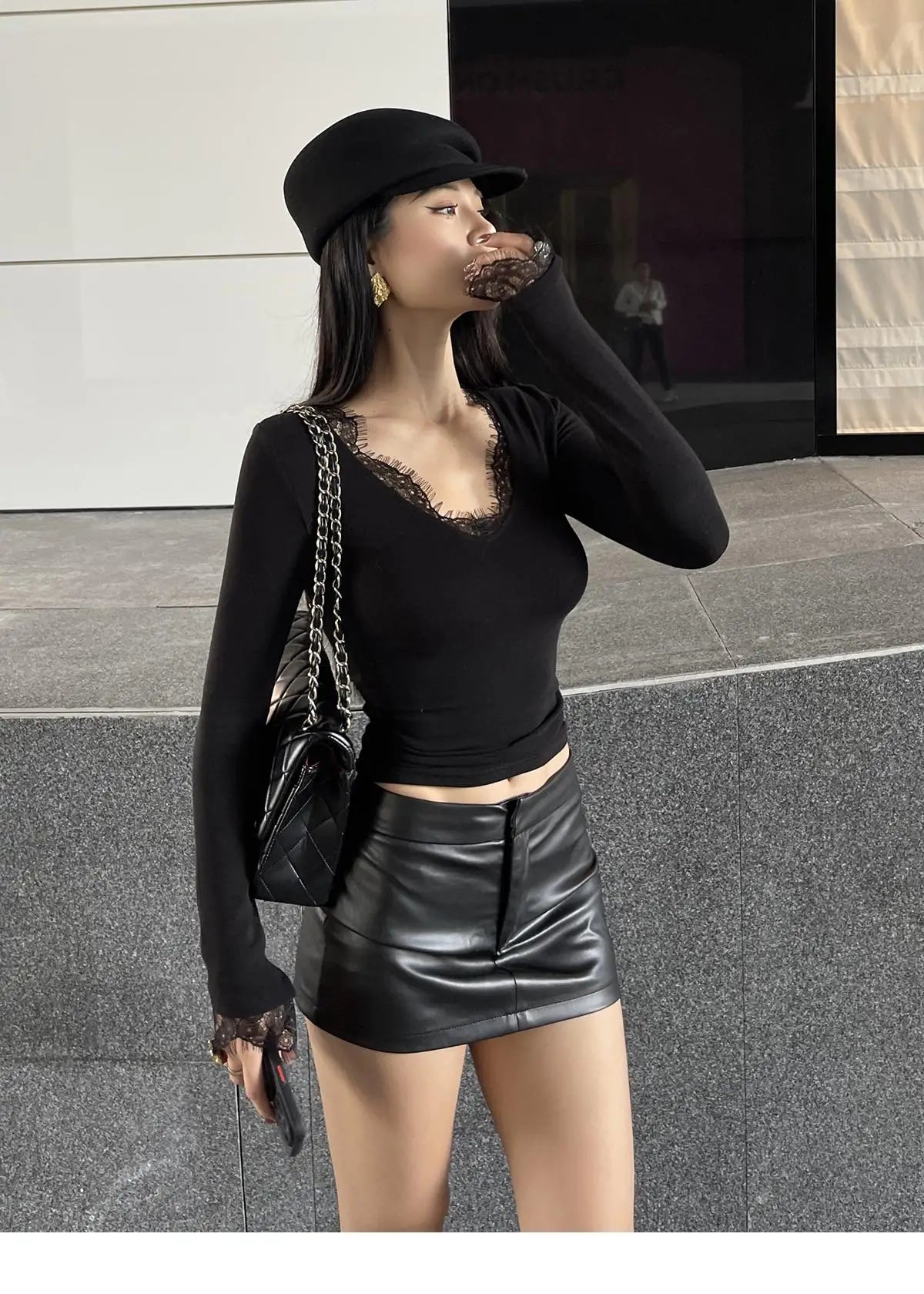 Yedinas Patchwork Lace Women's T-shirt Long Sleeve Autumn Winter Tops Korean Fashion Sexy Slim Tees Female Clothing Chic Tshirt