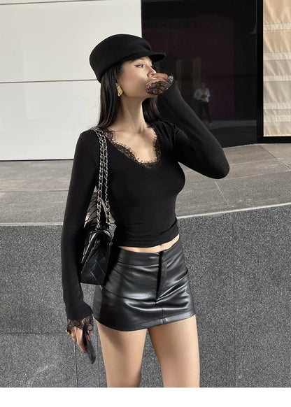 Yedinas Patchwork Lace Women's T-shirt Long Sleeve Autumn Winter Tops Korean Fashion Sexy Slim Tees Female Clothing Chic Tshirt