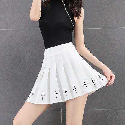 2024 Women Harajuku Sweet Fresh Feeling High Waist Pleated Skirt Elastic Waist Cross Embroidery Skirt black skirt Pleated Skirt