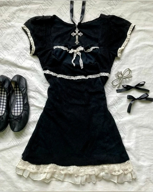 Y2K Daily Vintage fit Dress Woman's Clothing Short Sleeve Chic Casual Fashion Sundress Aesthetic Summer Personality Maiden Frock