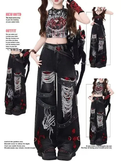 90s Skeleton Handprint Wide Leg Jeans High Street Niche Design Dark Tone Flared Hem Long Pants Streetwear Chic Drop Crotch
