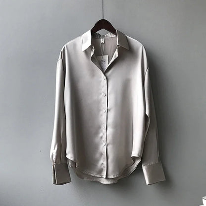 2025 Autumn Vintage Casual Button Silk Tops Elegant Satin Loose Women Shirt Spring Turn-down Collar Ladies Blouse