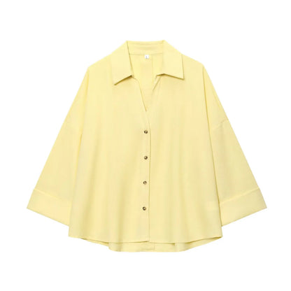 2025  AZRAF Women Summer Fashion New Blended Wide Sleeve Shirt Unique V-neck Joker Button Loose Top Blouses Mujer