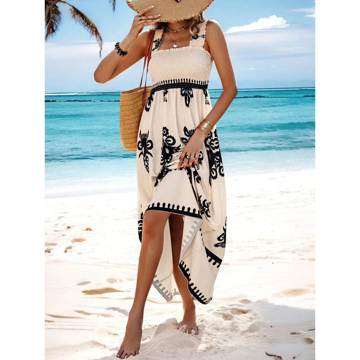 2024 Women's New Vacation Style Fashion Printed One Piece Neck Front Cross Sexy Sleeveless Strap Long Ankle Dress