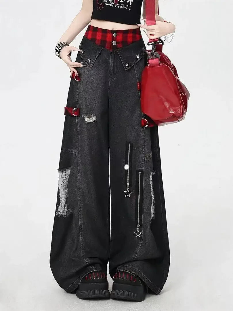 90s Skeleton Handprint Wide Leg Jeans High Street Niche Design Dark Tone Flared Hem Long Pants Streetwear Chic Drop Crotch