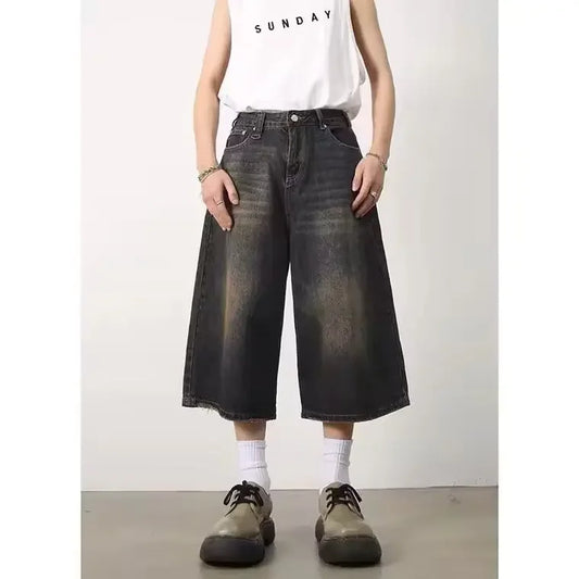 American Style Vintage Men's Jeans Loose Fit Wide Leg Straight Leg Denim Shorts Sensibility Design For Summer Wholesale