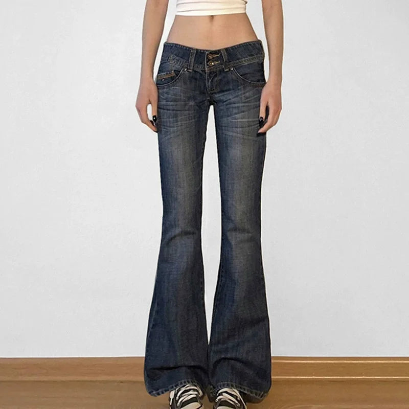 2000s Clothes Y2k Low Rise Boot Cut Jeans Woman Casual Black Striped Denim Trousers Streetwear Flare Pants P77-DD25