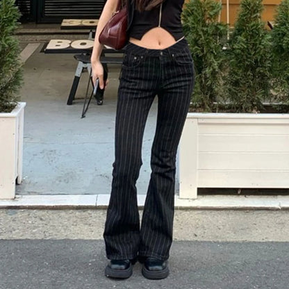 2000s Clothes Y2k Low Rise Boot Cut Jeans Woman Casual Black Striped Denim Trousers Streetwear Flare Pants P77-DD25