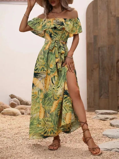 2024 Summer Fashion Printed Dress Sleeveless One-line Collar Ruffled Lace-Up Waist Dress Elegant Commuting Swing Dress