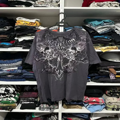 2025 Fall Affliction Red Long sleeved T shirt Round Neck Oversized shirt Casual Gothic Skull Holy Writ Letter Tops Streetwear