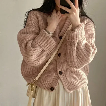 2024 French Retro Twist Cardigan Sweater Women Spring and Autumn New Gentle Sle Lazy Loose V-neck All-Match Knitted Outerwear