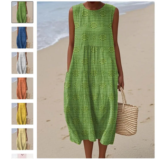 2026Spring Summer Fashion New Sleeveless Print Loose Midi Dresses For Women Casual O-neck Pocket A-line Dress Ladies Beach Dress